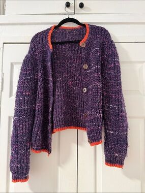 Free People Purple Chunky Knit Cardigan with Orange Trim